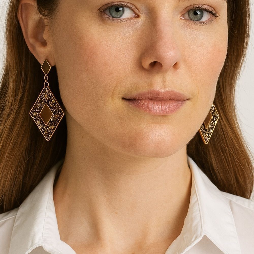 2/$20 Chocolate Brown and Hammered Gold Diamond Shape Dangle Drop Earring
